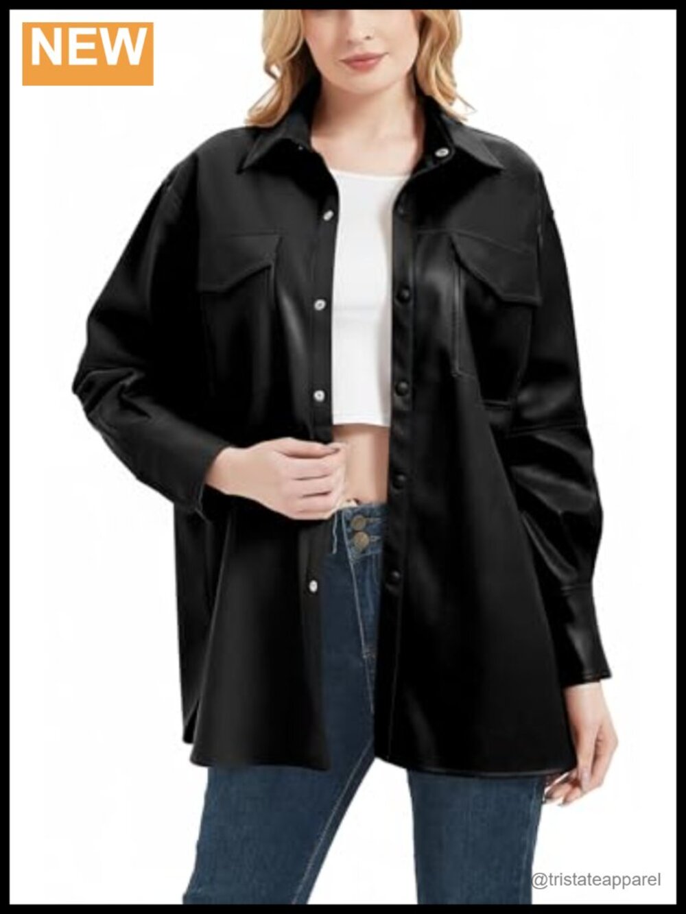 Faux Leather Shacket Jacket, Pleather Shirt, Relaxed Fit, Long Sleeve, Button